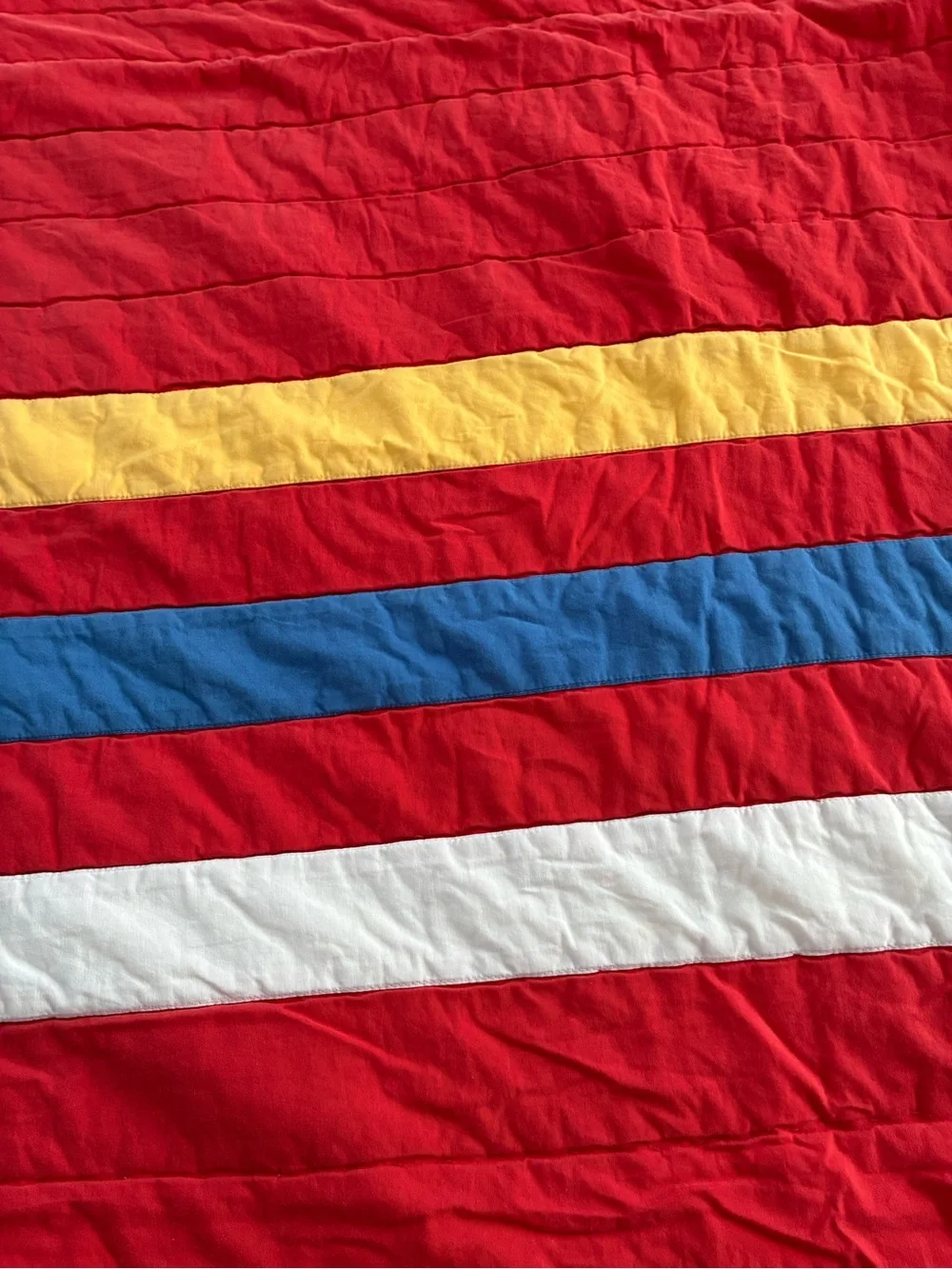 Pottery Barn Kids Red Twin Size Quilt Yellow, Blue and White Stripes